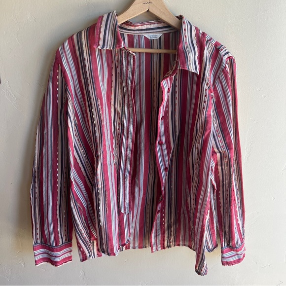 Tops - Red and White Vertical Stripe Button-Up Shirt